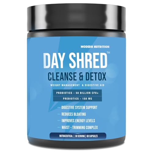 Day Shred Cleanse & Detox | Probiotics Supplement 50 Billion CFU | Gut Health Supplements with Probiotic Prebiotics | Weight Loss Supplement| Improves Digestion|Relief from Bloating, Constipation, Gas | Boosts Immunity | 60 Caps