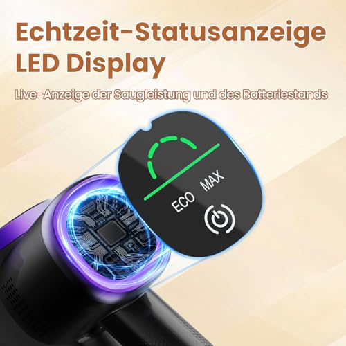 Zynet S9 Akku Staubsauger, 500W/45000Pa/45Min Staubsauger Kabellos mit Knick-Rohr, Wandladestation, Selbststehender Kabelloser Akkusauger mit Grünes Licht für Tierhaare Teppiche Hartböden