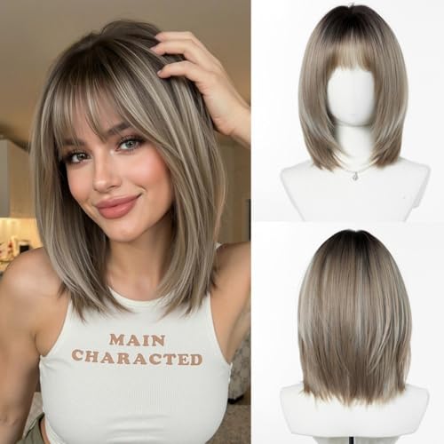 Capless Gray Brown Bob Wig