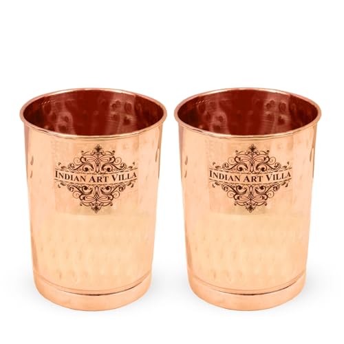 Image of INDIAN ART VILLA Pure Copper Plain Glass with Hammered Design, Drinking Serving Water, Yoga Ayurveda, Volume-300 ml, Pack of 2