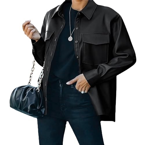 Silunma2021 Chaqueta suave casual con botones para mujer, de piel con solapa, de color sólido, manga larga, elegante, holgada, para exteriores (negro, XXL)