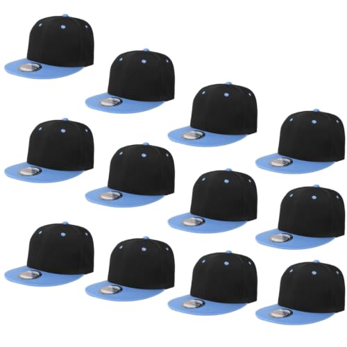 Falari Wholesale 12 Pack Snapback Hat Cap Hip Hop Style Flat Bill Blank Solid Color Adjustable Size, 12-pack Black/Sky Blue, One size