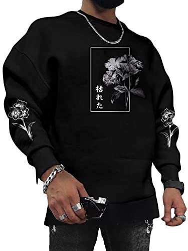 Wdirara Men's Floral Letter Print Crew Neck Long Sleeve Drop Shoulder Sweatshirt Pullovers Black Floral L #TOP13