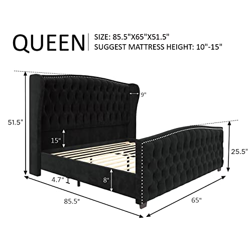 AMERLIFE Queen Size Platform Bed Frame, Velvet Upholstered Bed with Deep Button Tufted & Nailhead Trim Wingback Headboard/No Box Spring Needed/Black - Thumbnail 2