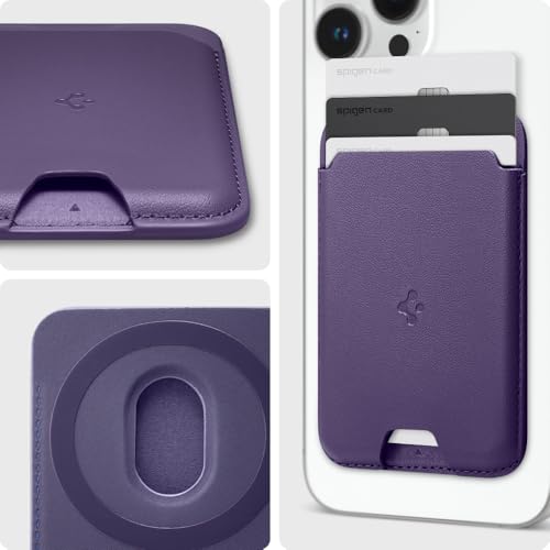 [Spigen] MagSafe カードケース 3枚カード iPhone 17/16/15/14/13/12シリーズ Pixel 10シリーズ マグネット内蔵 高級レザー スリム 背面 ウォレット スマホカードケース 交通系 ICカード バレンティヌス・マグフィット AFA06268 (パープル)