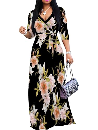 Image of SUZONANA Plus Size Dresses for Women Floral Print Maxi Dress Flowy 3 /4 Sleeve with Belt