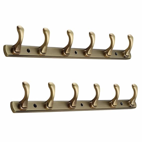 Image of ELUVIA Zinc Alloy 6 Hook Wall Hook Rail, Heavy Duty Wall Mounted Coat Hook for Clothes, Towels, Keys & Bags, Antique Brass Finish, Pack of 2, Bathroom Kitchen Bedroom Organizer