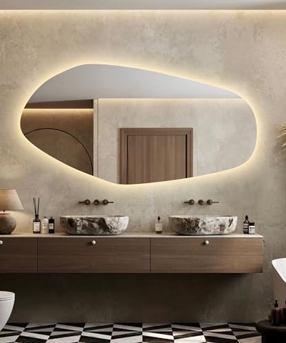 NORTH KAISER LED-väggspegel – asymmetrisk upplyst spegel – ramlös oregelbunden sminkspegel med ljus för badrum sovrum vardagsrum (varmt ljus, 130 x 65 cm)