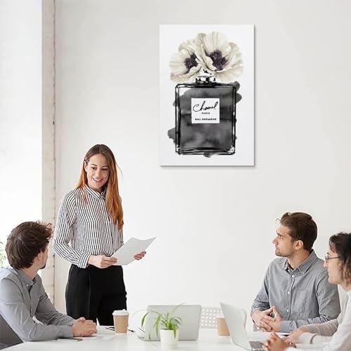 Image of BanLaArt Fashion Perfume Bottle Black With Grey & White Poppy Canvas Print Poster Decorative Painting Canvas Wall Art Picture Print Modern Family Bedroom Decor 12x18inch(30x45cm)