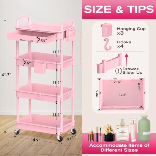 Image of Goovilla Rolling Makeup Organizer Cart with Removable Drawer, 4 Tier Stable Pink Floor Skincare Storage Cart for Vanity, Cosmetic Display, Nail Polish, Perfume, Hair Stuff, Beauty, Bathroom(Plastic)