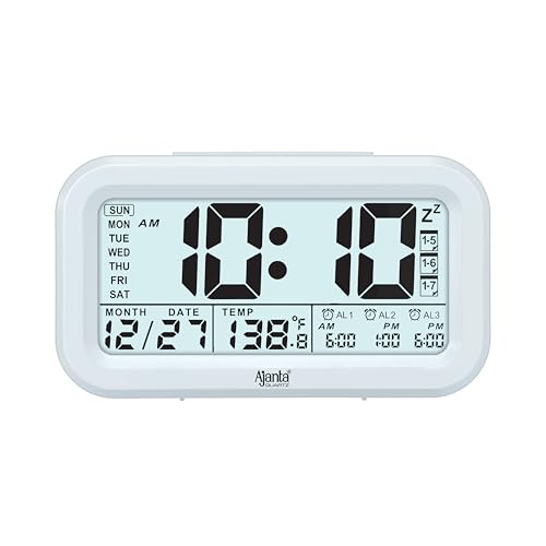 Image of Ajanta Stylish Digital Alarm Clock White LCD-150 | Luxury Tabletop Clock with One-Click Backlight, Temperature, 3 Alarms
