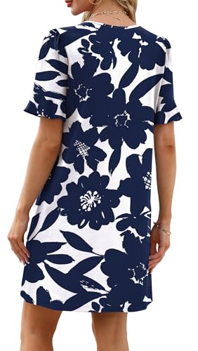 Image of OFEEFAN Summer Dresses for Women Ruffle Short Sleeve V Neck Casual Shift Dress with Pockets