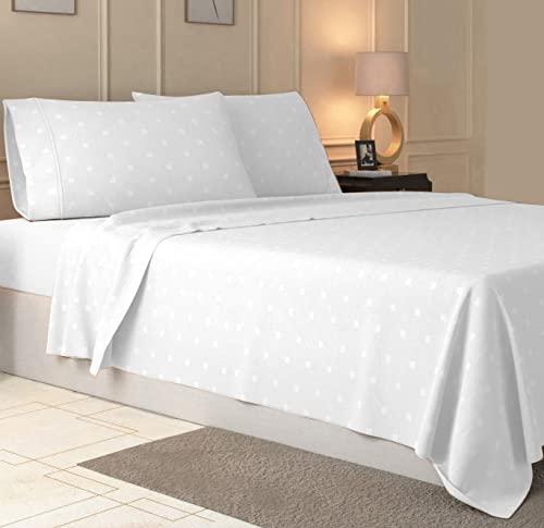 Westbrooke 100% Cotton Queen Size Sheets - 4 Piece Sateen Sheets with Swiss Dots - 1 Flat Sheet, 1 Fitted Sheet with 15.5" Deep Pockets, 2 Pillowcases - Soft, Breathable Premium Bedding Set (White)