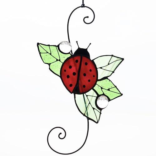 Ladybug On A Leaf Stain Glass Suncatcher. Cute Home Decor. Real Glass Art. Indoor Outdoor Decor. Wall Hanging Suncatcher. Mother's Day Gift Idea. Nature-inspired Gift