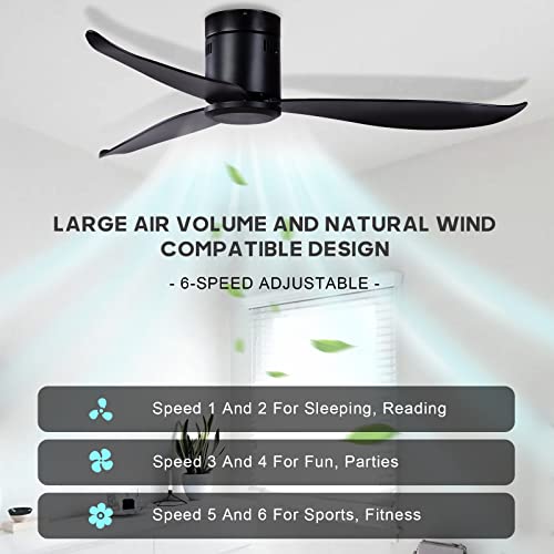Leeaglegry 52" Low Profile Ceiling Fan No Light, Black Flush Mount Ceiling Fans Without Lights, Modern Fan With Remote Control For Low Ceilings Bedroom Living Dining Room Kitchen #TOP3
