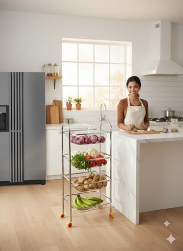 Image of Stainless Steel Modern 4 Tier Kitchen Storage Trolley with Wheels Folding Perforated Design Trolley Spice Fruits and Vegetable Onion Potato Organizer Stand Kitchen Trolley