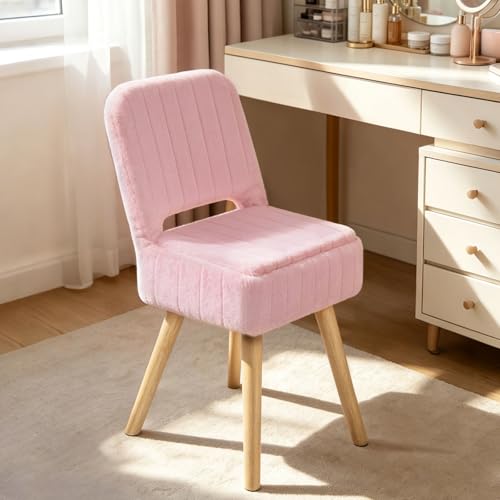 KANEODOT Vanity Stool with Storage & Folding Backrest Faux Rabbit Fur Small Makeup Chair with 4 Solid Wood Legs 11.4 D x 14.9 W x 28.7 H Soft Ottoman for Living Room Bedroom Closet Pink