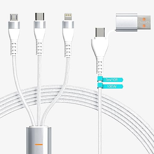 100W USB C to Multi Charger Cable,3M MFi Certified Multi Fast Charging Cable,USB A/USB C 3 in 1 charging Cord with Type C/Lightning/Micro USB Connector,Long Universal Charger for Laptop/iPad/iPhone 15
