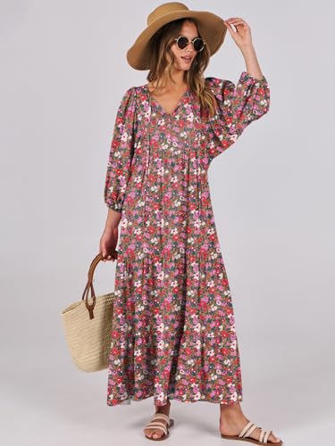 Image of ANRABESS Womens Boho Floral 3 /4 Puff Sleeve Maxi Dress