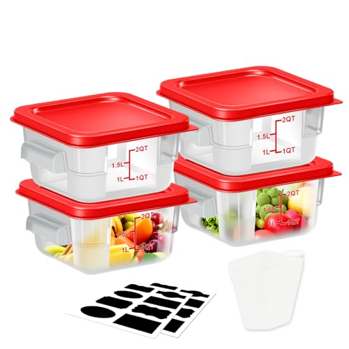 WELKOR Square Storage Container with Lid, Commercial Box with Measurement Marks & Handle, for Baking, Dough Proofing, Meat Brining, Kitchen Tool (Red, 2QT-4PACK)