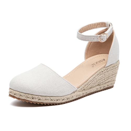 Image of Altxic Women's Closed Toe Canvas Ankle Strap Espadrilles Wedge Sandals