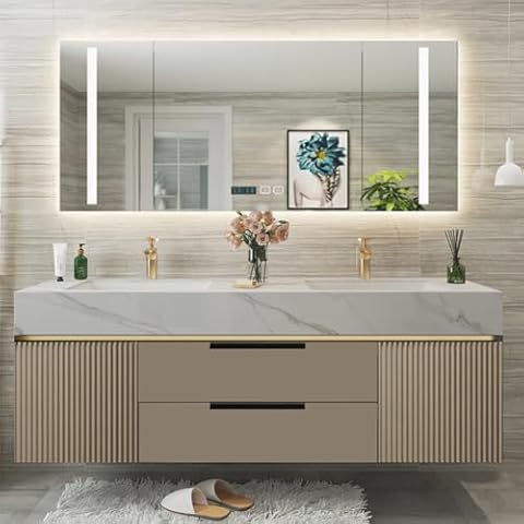 Genpai Floating Bathroom Vanity - 48IN Bathroom Vanity with Sink Business, Double Sink | LED Lights & One-Touch Defogging, Easy Installation, 2 Drawers Cover