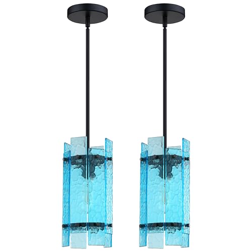 Tonabona 1 Light Hanging Indoor Kitchen Island Pendant Ceiling Light 6" Hammer Glass Shade Fixture,Black Finish Modern Farmhouse Dinning Room Over Sink (Blue Hammer Glass, 2 Pack) by Tonabona - Used condition - US$72.95