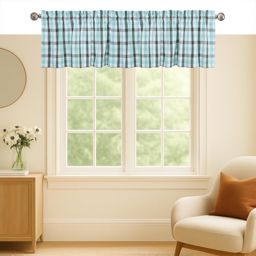 Softopia Cotton Gingham Valance Curtains, 2 Pack, 54x18 Inches, 100% Cotton Farmhouse Window Valances, Rod Pocket Curtain for Kitchen, Bedroom, Bathroom, Living Room, Mint Green - Aqua Green - White