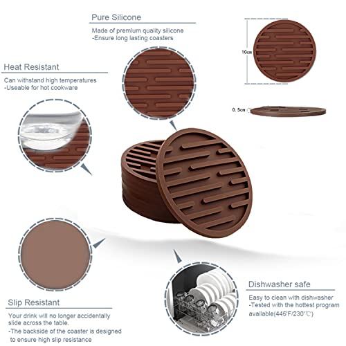 Silicone Coasters For Drinks, Silicone Coasters 6 Set Non-Slip Cup Coasters, Thickened Coaster For Wooden Table, Cup, Desk, Bar, Office, Anti-Slip, Non-Stick, Easy To Clean-Brown #TOP2