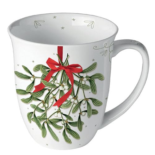 Ambiente Tazza in porcellana, ca. 400 ml, Bone China Mug per tè o caffè, autunno, inverno, Natale, Natale, Mistletoe con fiocco bianco