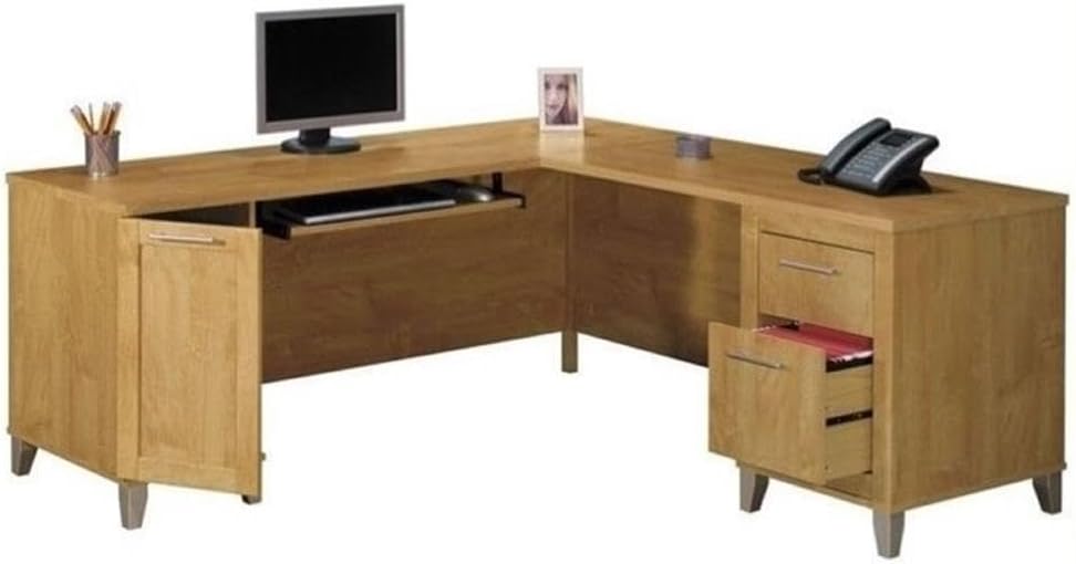 BOWERY HILL 71" L-Shaped Computer Desk, Maple Cross Finish, Wood Construction, Double Pedestal Base, Keyboard Tray, File Drawer, CPU Stand, Flexible Configuration, Rustic Home Office Desk