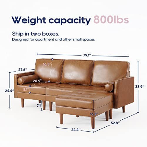 Vonanda Sofa Couch, Convertible Sectional Sofa Faux Leather Couch With Reversible Chaise And Bolster Pillows, L Shaped Couch For Living Room And Small Space, Caramel #TOP1