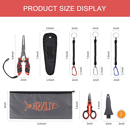 Ylinsha Fishing Tool Kit Fillet Knife Fishing 8Pack Including Fishing Knife Fishing Scissors Fishing Pliers Saltwater Fish Measuring Ruler,Anti-Lost Lanyard Waterproof Storage Bagtackle Accessory Kit #TOP1