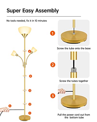 Gold Floor Lamps For Living Room, Bright Standing Lamp, 70.5" Tall Pole Lamp With 3 Lights, Modern Torchiere Tree Floor Lamp, Rotate Switch, 2700K Led Beads, 50,000Hrs Lifespan,Corner Lamp For Bedroom #TOP5