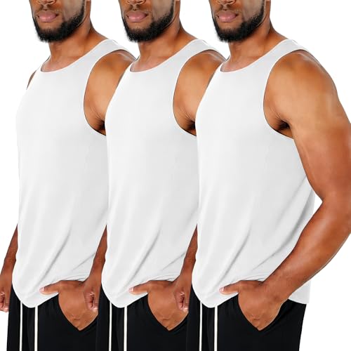 3 Pack Men's Workout Tank Tops UPF 50+ Sleeveless Shirt Sun Protection Fast Dry Lightweight Gym Fitness Muscle Shirts White Medium