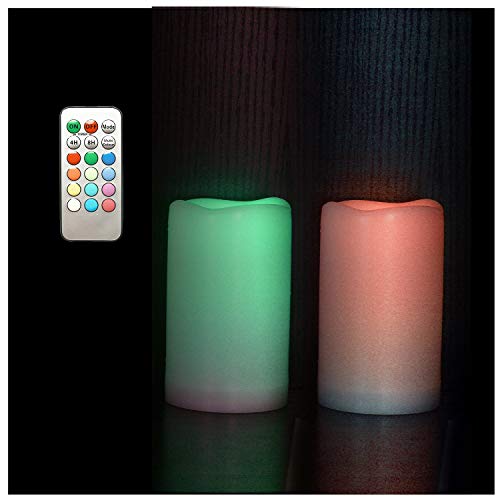 Color Changing Outdoor Flameless Pillar Candles Remote Waterproof Battery Operated Electric LED Candle Set for Gift Home Party Wedding Supplies Garden Halloween Christmas Decoration, 2 Pack, 3&rdquo; x 5&rdquo;