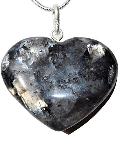 Zenergy Gems Perfect Pendant CHARGED Natural Titanium Flash Larvikite Crystal Heart Pendant + 20" Silver Chain + Selenite Heart Charging Crystal Included