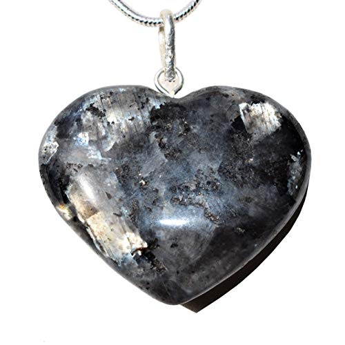 Zenergy Gems Perfect Pendant Charged Natural Titanium Flash Larvikite Crystal Heart Pendant + 20" Silver Chain + Selenite Heart Charging Crystal Included #TOP4