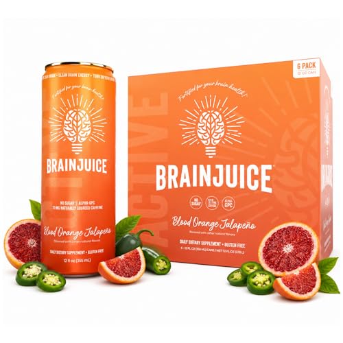 Image of BrainJuice Daily Brain Supplement Drink with Vitamins, Amino Acids & Natural Green Tea | Sugar-Free, Vegan, Gluten-Free, Non-GMO, 12 fl oz (Blood Orange Jalapeno)