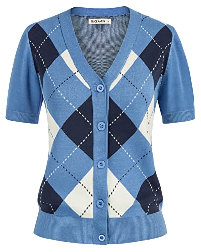 Womens Plaid England Style Cardigan V Neck Preppy Color Block Sweater Short Sleeve Knitwear For Girl Ladies(L,Blue Short Sleeve) #TOP10