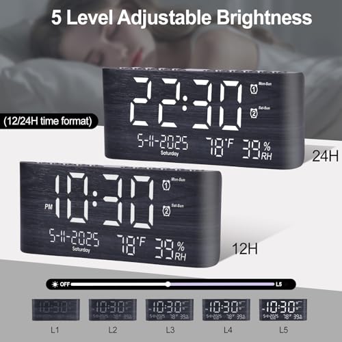 PPLEE 8.7inch Digital Alarm Clock for Bedroom-Digital Clock with Day of Week Month Year Humidity & Temperature Brightness Snooze 2 Alarm Clock & 2 USB Charger Desk Clock for Heavy Sleeper — view 6