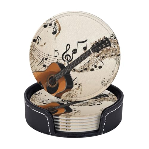 Famame Vintage Music Notes Guitar Leather Coasters for Drinks with Holder Coaster Sets 6 Pcs Drink Table Cup Coasters for Living Room Kitchen Coffee Decor