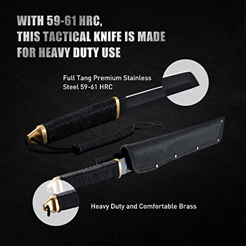 Leopcito 11.5\" Japanese Fixed Blade Tactical Knives with Sheath, Stainless Steel Black Survival Hunting Bushcraft Full Tang Tanto Knife with Paracord Handle for Camping, Adventure, EDC, C101BK - Thumbnail 3