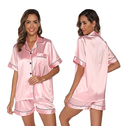 GAESHOW Dampyjamasset, satin, siden, kortärmad, knappset, sovkläder, loungewear, tvådelad, storlek S–2XL, ROSA, L