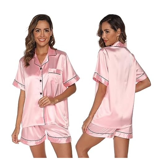 GAESHOW Dam satäng silke pyjamas set kortärmad knapp-ned set sovkläder myskläder tvådelat set S-2XL, Rosa, L