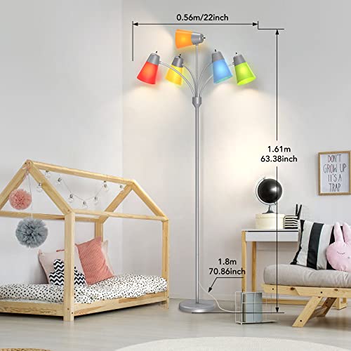 FOLKSMATE LED Floor Lamp, Medusa Multi-Head Modern Tall Standing Lamps, Adjustable Corner Reading Floor Light for Living Room, Bedroom, Kid Room, Classroom, Colored Lampshades, Silver Grey by FOLKSMATE - Used condition - Image 5