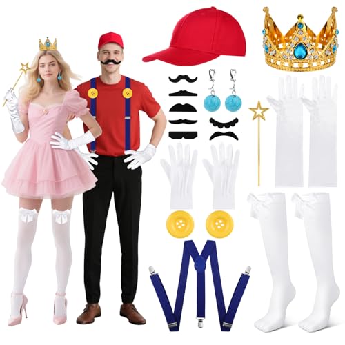 16 Pcs Halloween Couples Costumes Accessories Set for Adults, Funny Hats Gloves Mustaches Mini Gold Crown Wand and Earrings for Halloween Party Cosplay Couples Costumes