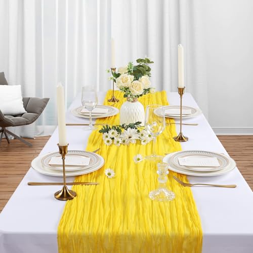 6 Pack Lemon Yellow Cheesecloth Table Runner 10Ft Gauze Cheese Cloth Table Runner 35x120 Inch Boho Sheer Rustic Fabric for Summer Party Decor Baby Shower Wedding Decorations by Heneger - Used condition - Image 3