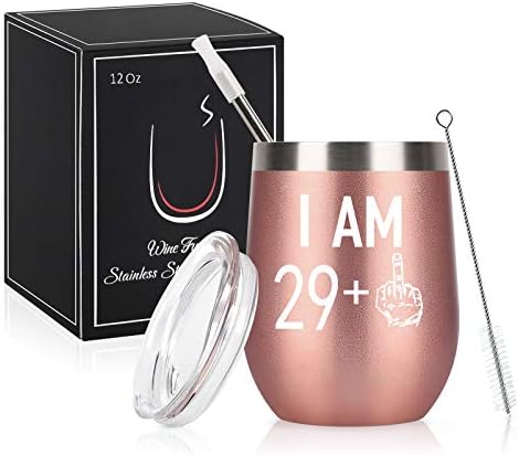 Livole 30th Birthday Gifts for Women, Wine Tumbler 29 +1 Cup, 12 OZ Stainless Steel Double Walled Vacuum Insulated Stemless Wine Glass with Lid and Straw, Gifts for Her, Mom, Men, Wife, Rose Gold