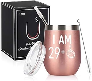 Livole 30th Birthday Gifts for Women, Wine Tumbler 29 +1 Cup, 12 OZ Stainless Steel Double Walled Vacuum Insulated Stemless Wine Glass with Lid and Straw, Gifts for Her, Mom, Men, Wife, Rose Gold